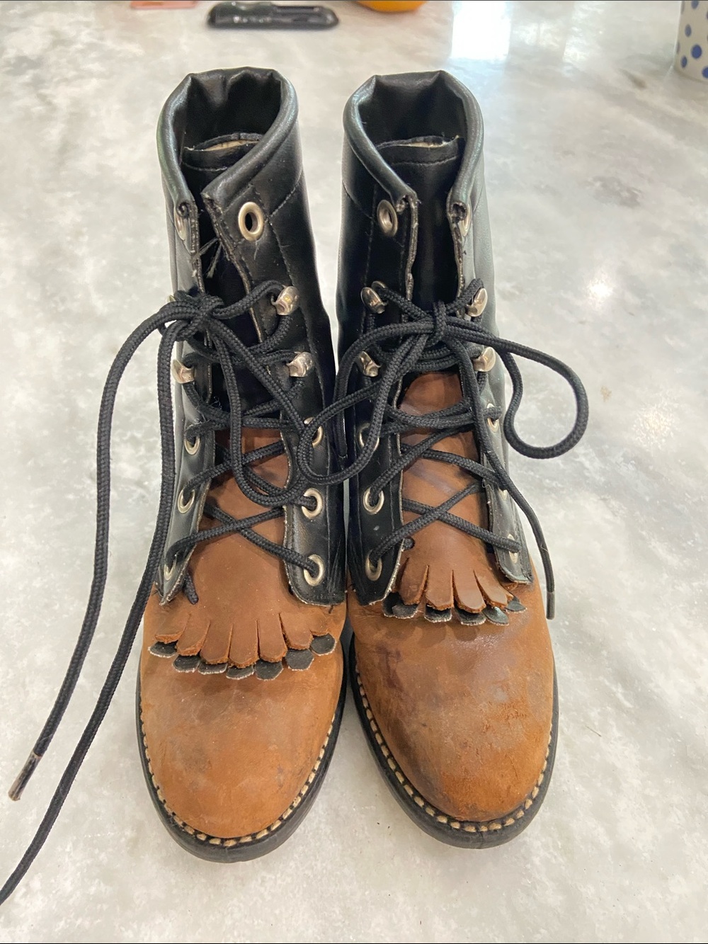 Two-Tone Lace-Up Fringe Leather Boots — Brown & Black